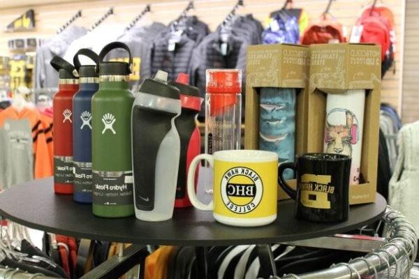 display of mugs and water bottles